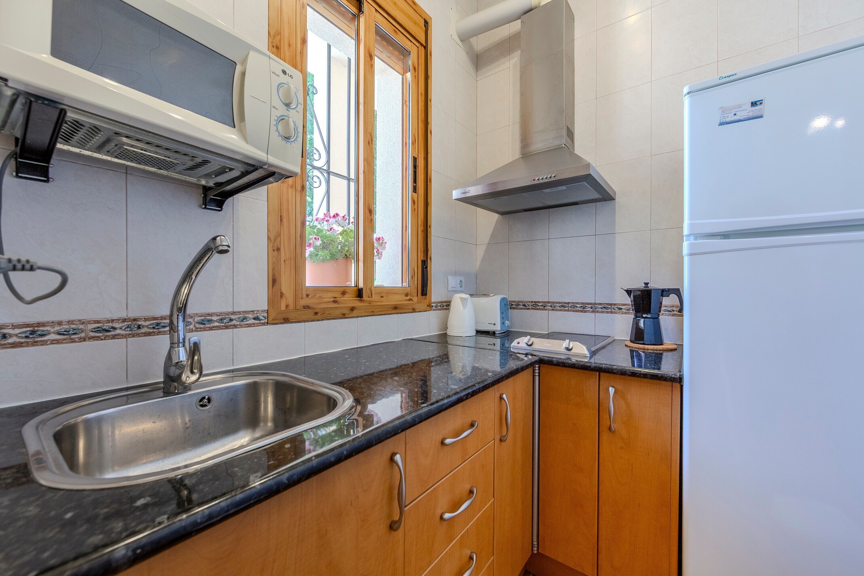 Fridge, microwave, stovetop, electric kettle
