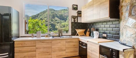 Fridge, microwave, stovetop, coffee/tea maker