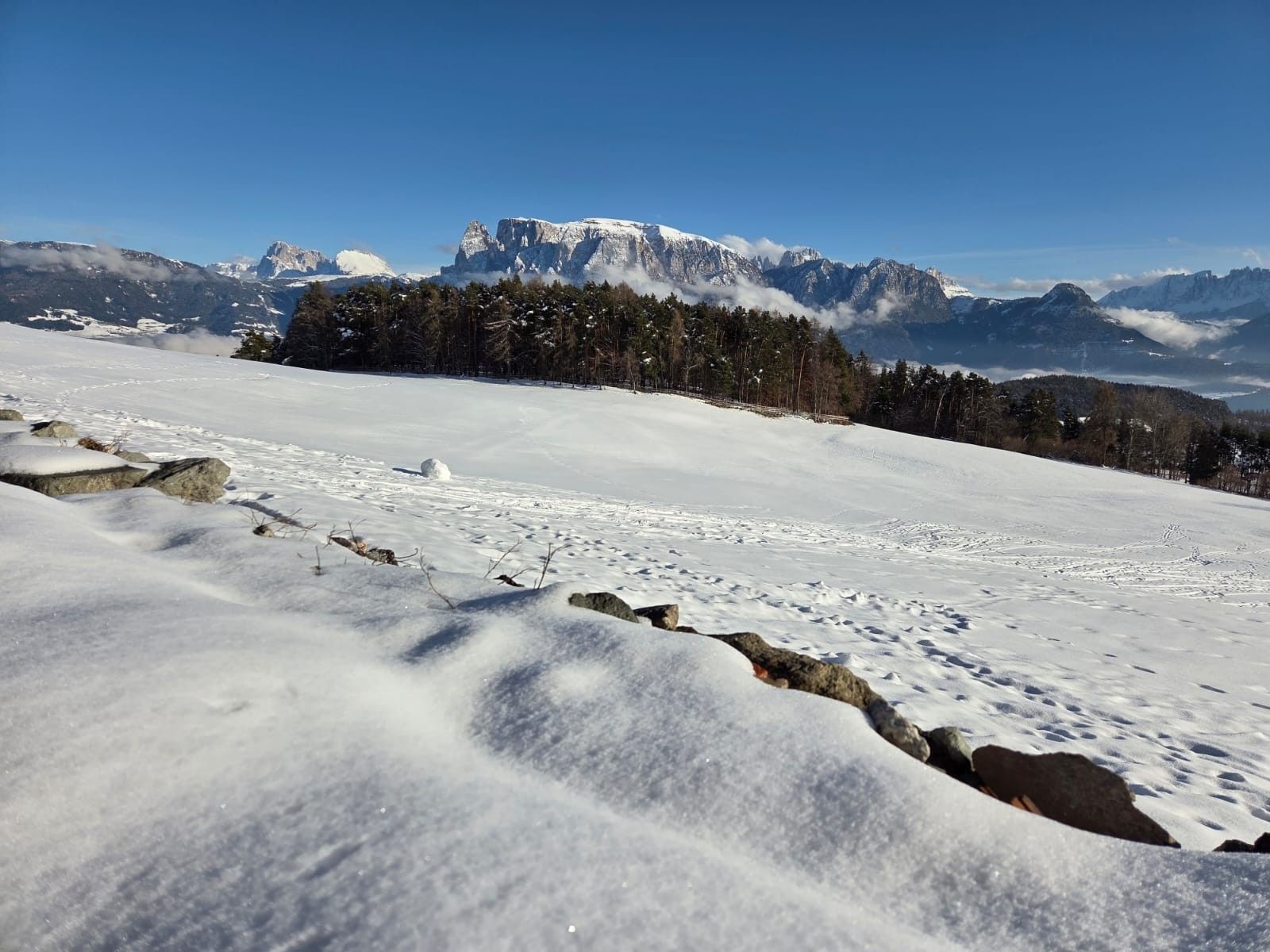 A snow-covered landscape with a mountain range in the background.