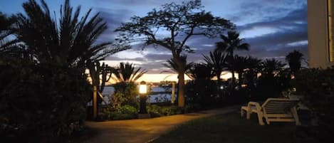 A pathway leading to a building with a sunset view, surrounded by palm trees and a bench.