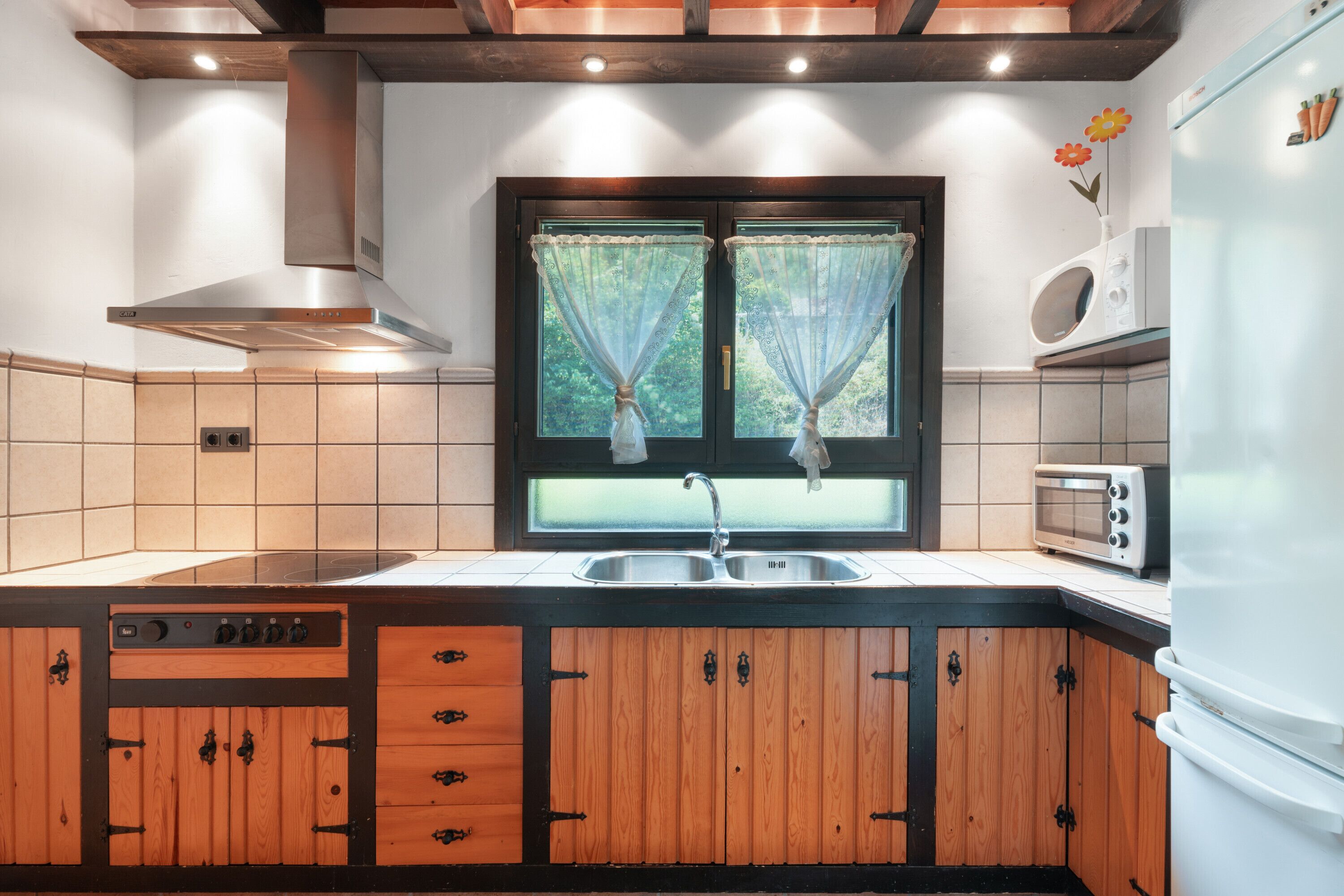 Frigorífico, microondas, horno y placa de cocina