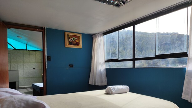 A bedroom with a bed, a window with a view of a forest, and a painting on the wall. - 10 minutes walking to the Cusco Main square  (Cusco)