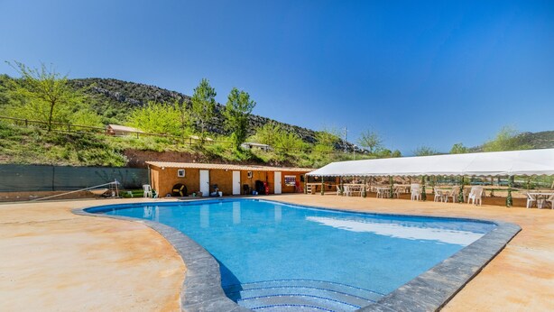 Une piscine à bords incurvés, un espace de repos couvert et un bâtiment doté d’une porte et de fenêtres.