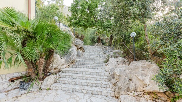 Una escalera de piedra que sube, rodeada de vegetación y un edificio a la izquierda.