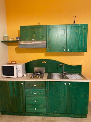 Une cuisine compacte équipée d’un four à micro-ondes, d’une cuisinière à gaz, d’un évier et de meubles de rangement verts.