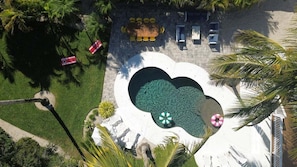 An aerial view of a pool area with a circular design, surrounded by palm trees and a seating area with chairs. - Siesta Key Home, Heated Pool, Theater & Arcade (Siesta Key)