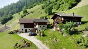 Un chalet in montagna con una strada sterrata, un'auto e delle mucche.