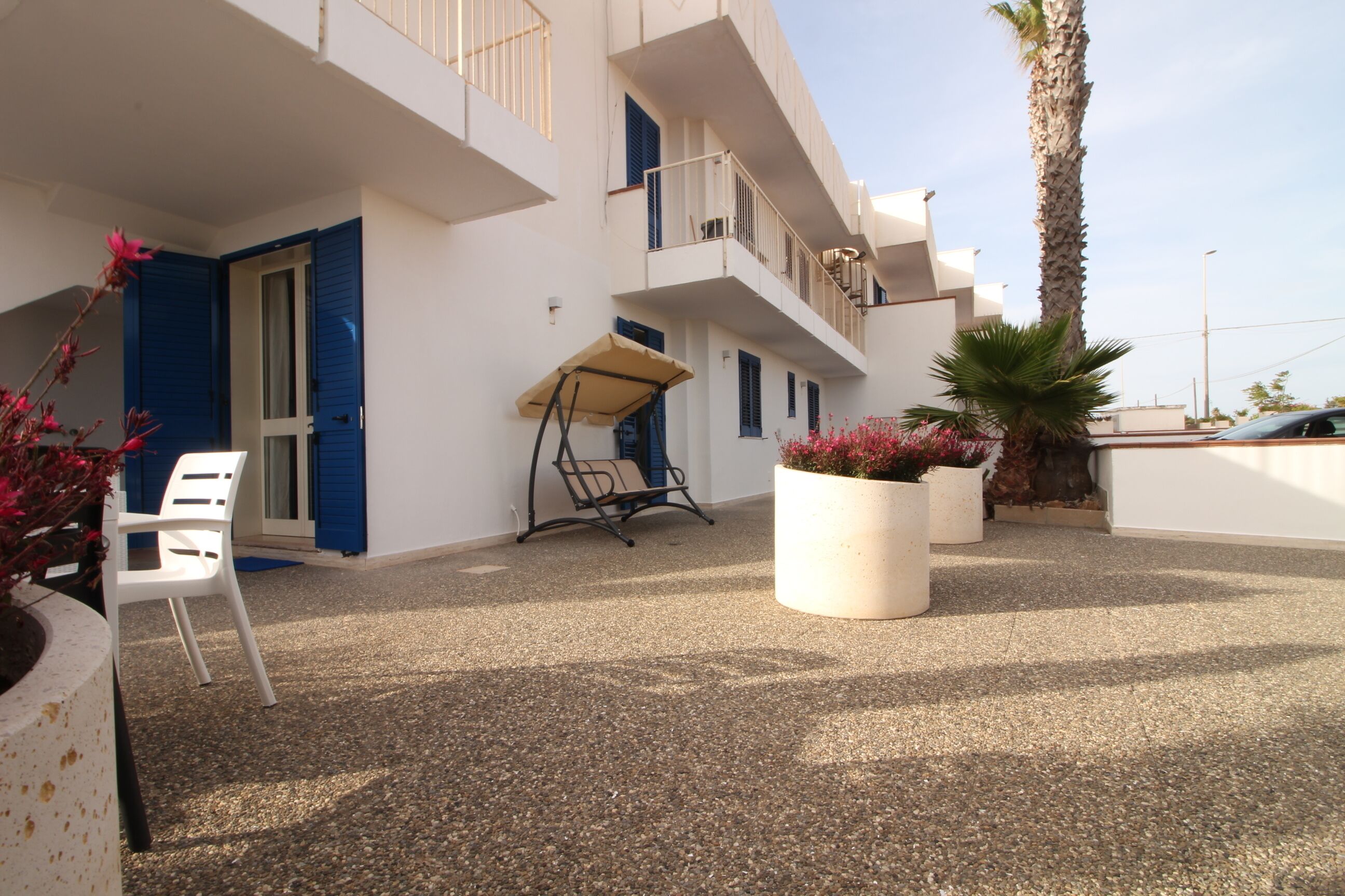 A courtyard with a white building, a palm tree, a white chair, and a potted plant.