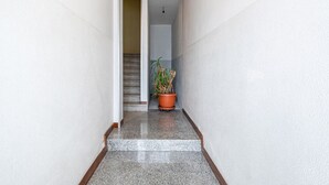 A narrow hallway with a potted plant, a staircase, and a door leading to another room.