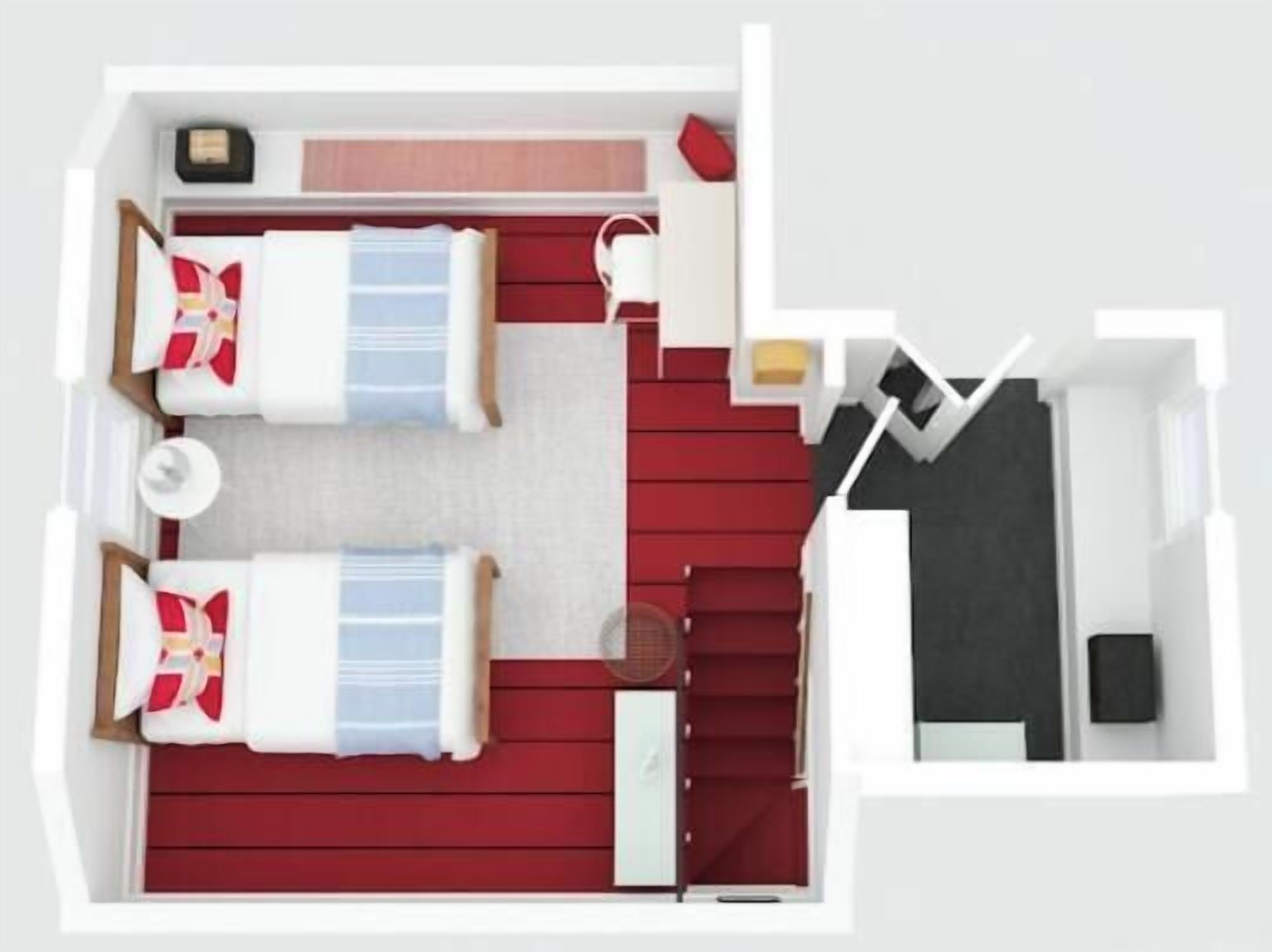 A hotel room layout with two beds, a desk, a chair, a small table, and a wardrobe.