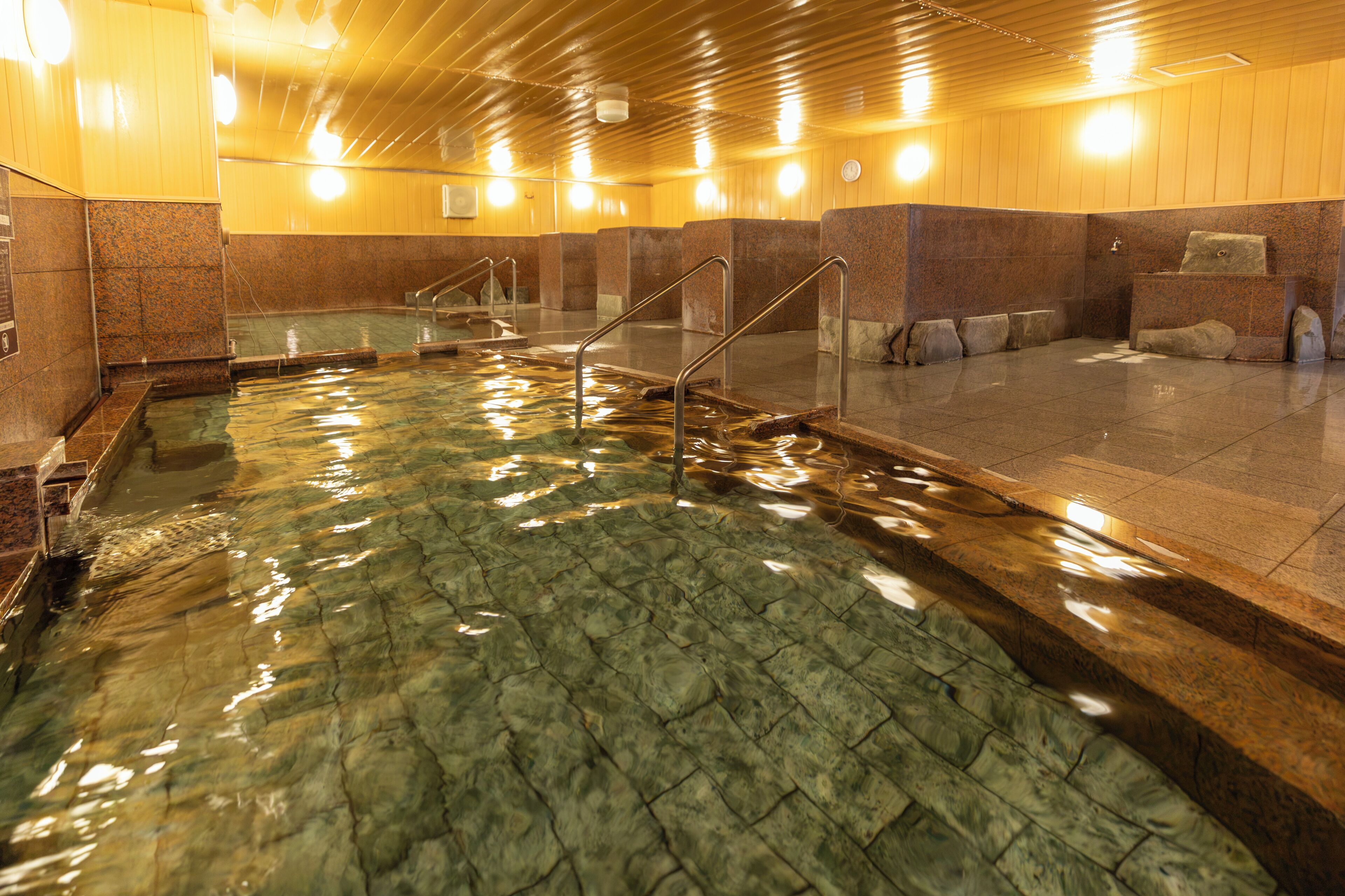 A swimming pool with clear water, surrounded by stone walls and metal railings.