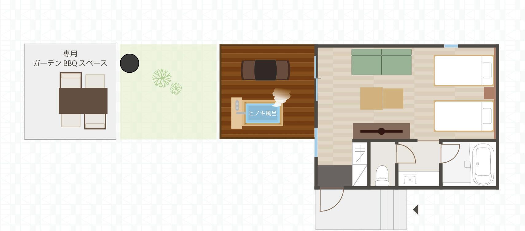 Un plan d’aménagement de chambre d’hôtel comprenant un lit, un bureau, une salle de bain et une kitchenette.