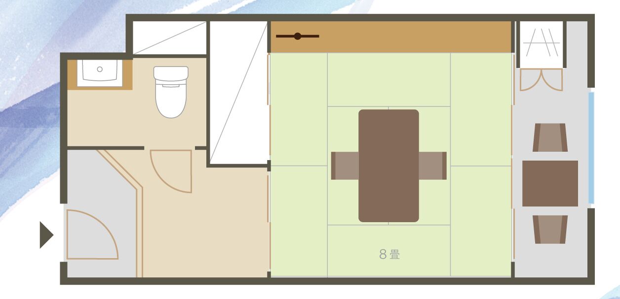 A hotel room layout with a bed, a small bathroom, a dining area, and a sitting area.