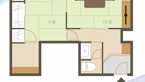 Ein Grundriss mit zwei Schlafzimmern, einem Wohnzimmer, einer Essecke und einem Badezimmer.