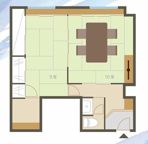Un plan d’étage comprenant deux chambres, un salon, un coin repas et une salle de bain.