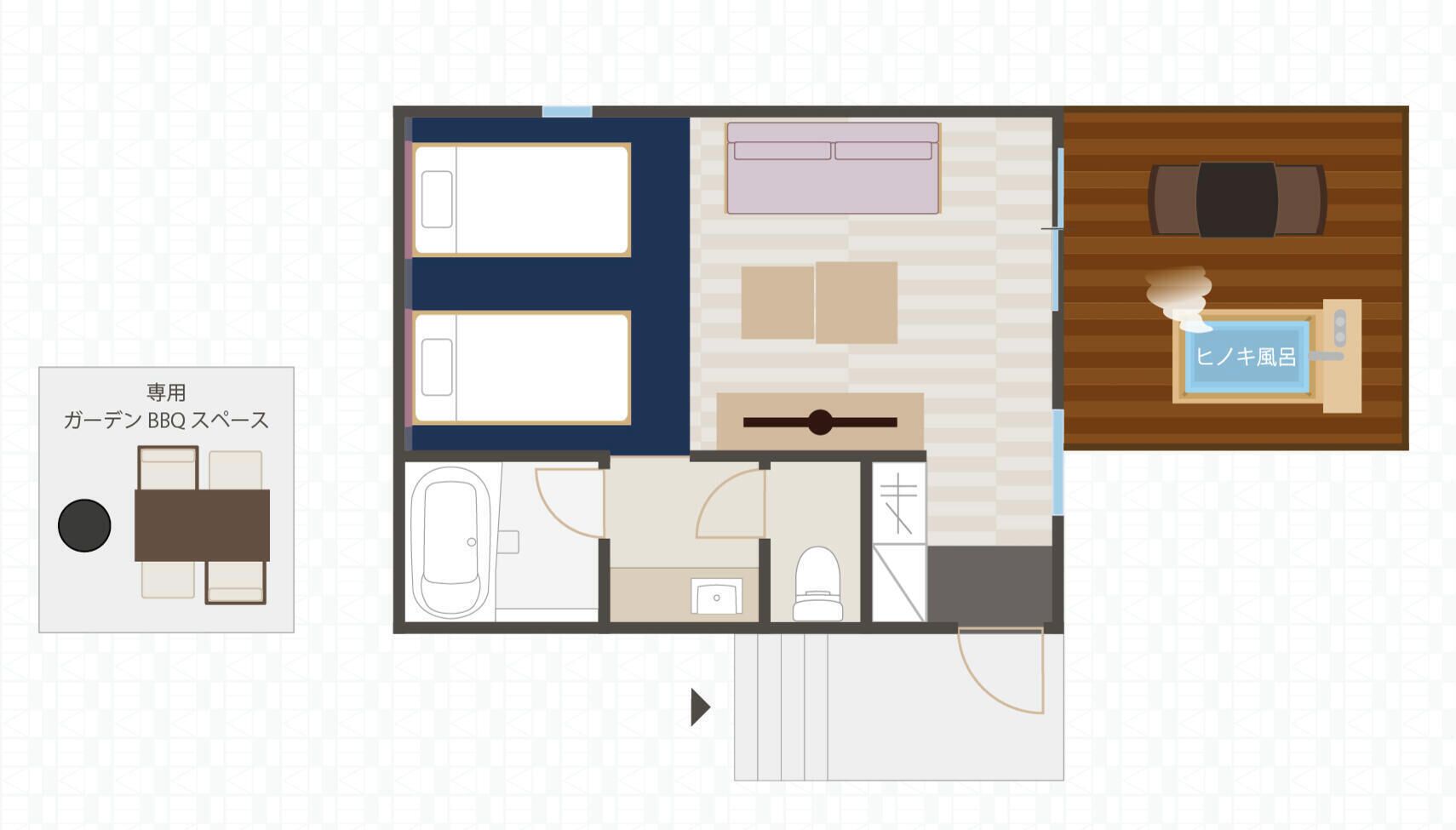 Distribución de una habitación de hotel con cama, dos mesitas de noche, escritorio, silla y baño completo con ducha, inodoro y lavamanos.