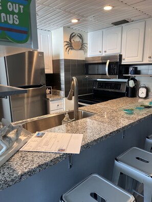 Fridge, microwave, oven, stovetop - Beachfront condo with amazing views of the sunset, family friendly, and safe. (Panama City Beach)