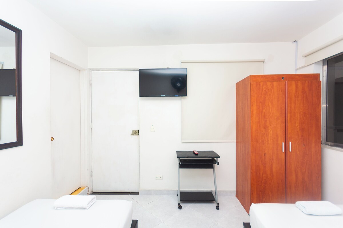 A hotel room with a bed, a desk, a wardrobe, and a television on the wall.