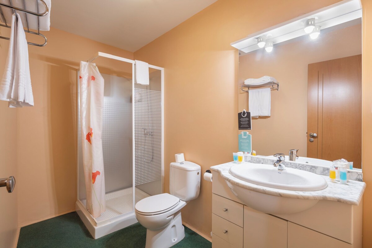 Un baño con ducha, inodoro, lavabo y espejo.