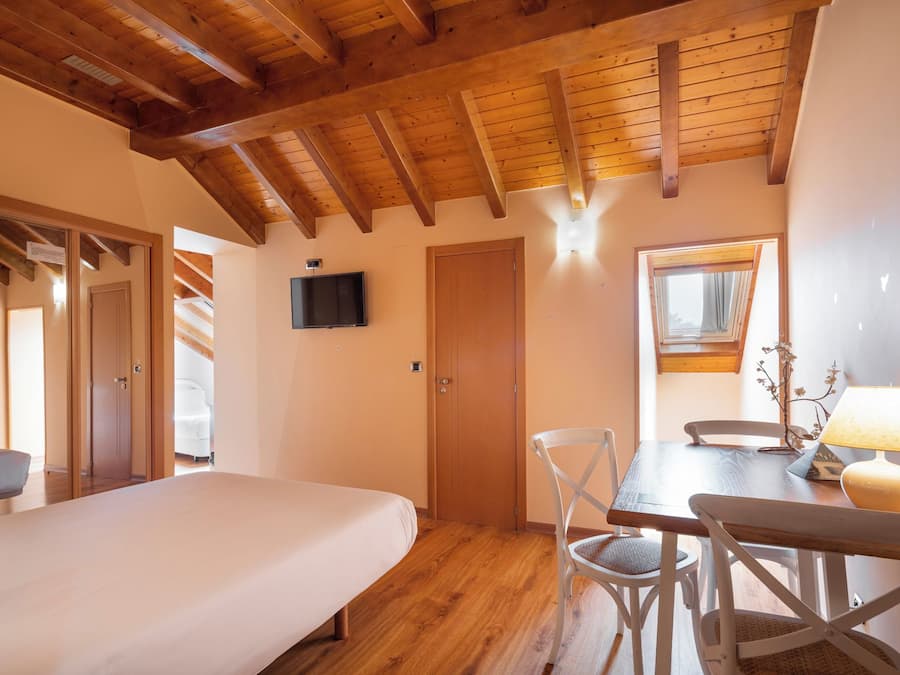 Un dormitorio con techo de madera, una cama, un televisor y una ventana con cortinas.