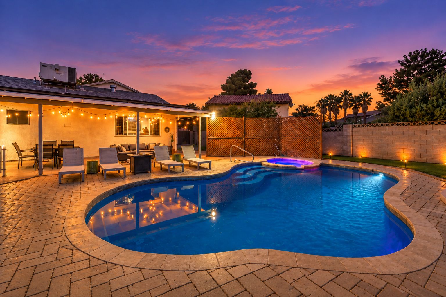 Una piscina con hidromasaje, sillas de descanso y luces colgantes al anochecer.