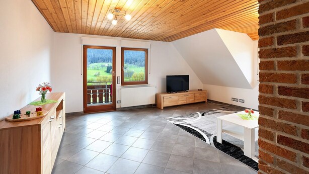 Une chambre moderne avec un plafond en bois, un téléviseur posé sur un meuble en bois, une table à manger avec un tapis, et une vue sur un paysage verdoyant par la porte.