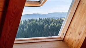 Une pièce dotée d’une lucarne, de murs en bois et offrant une vue sur une chaîne de montagnes boisées.