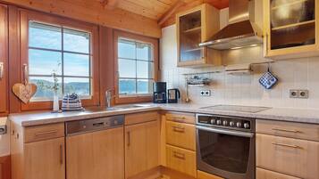 Een koelkast, een oven, een kookplaat, een vaatwasser