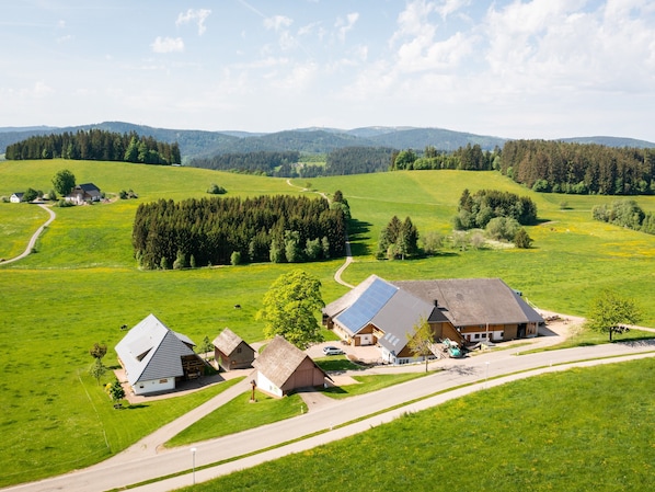 A rural landscape with a farmhouse, a road, and surrounding fields.