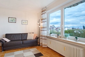 A living room with a sofa, a radiator, a window with a view, and two framed pictures on the wall.
