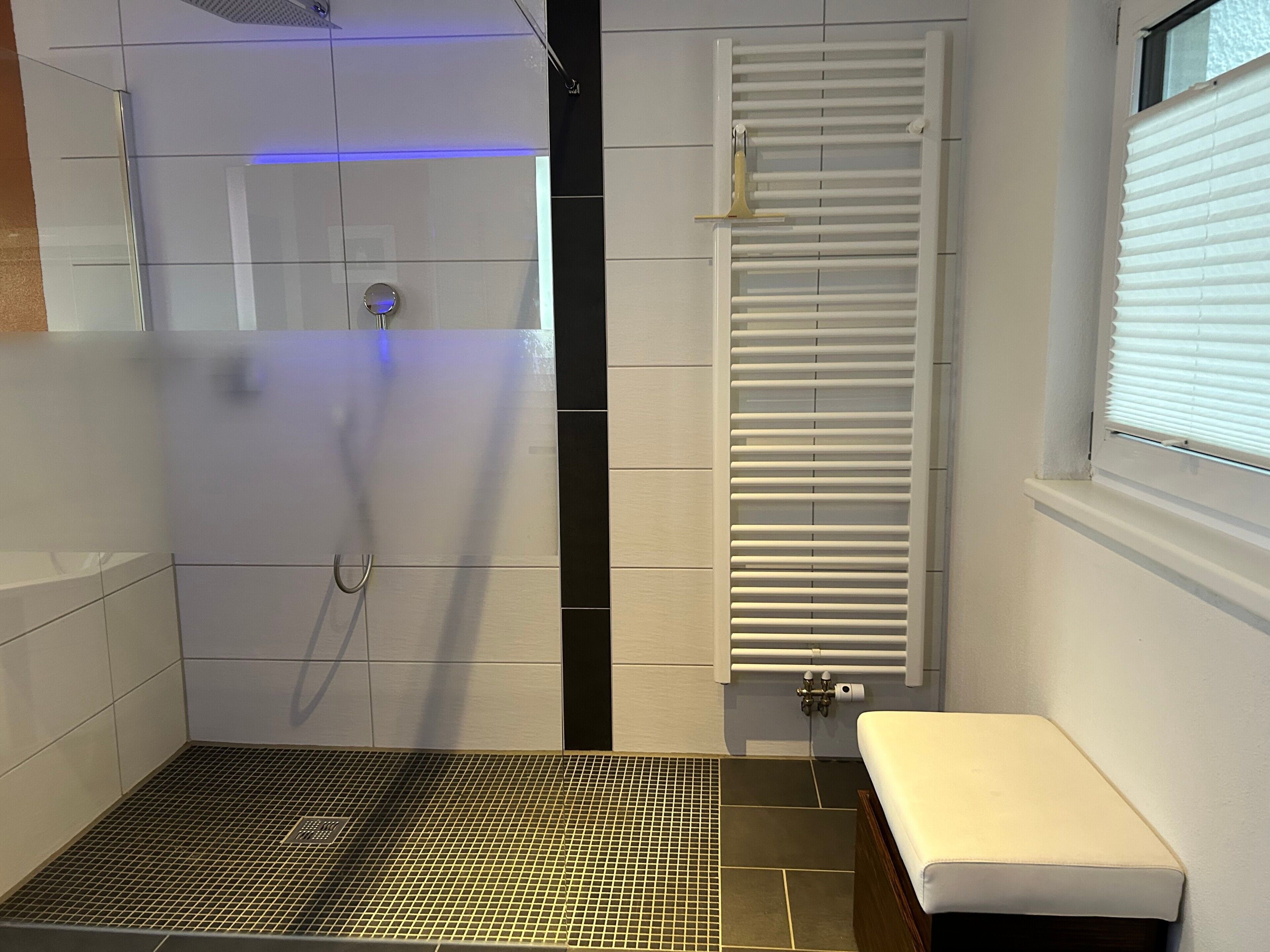 Ein Badezimmer mit Dusche, Toilette und Fenster.