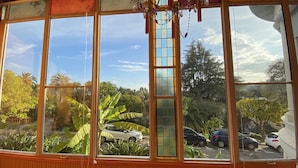 A large window with multiple panes, offering a view of a parking lot and surrounding greenery.