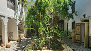 A courtyard with tiled flooring, potted plants, and architectural details like arches and doors. - Fez Experience (Fes)