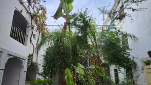 A courtyard with a tiled floor, a central planter with plants, and white walls with decorative arches. - Fez Experience (Fes)