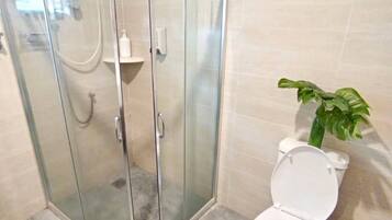A bathroom with a glass-enclosed shower, a toilet, and a potted plant.
