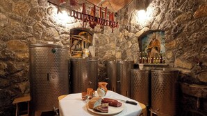 A rustic cellar with stone walls, large metal barrels, and a table with food and drinks. - Tourist Farm Skrbina Apartment 2 (Smarjeske Toplice)