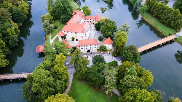 An aerial view of a historic building with a red roof, surrounded by water and greenery. - Tourist Farm Skrbina Apartment 2 (Smarjeske Toplice)