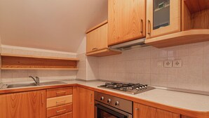 A kitchen with wooden cabinets, a stainless steel sink, a gas stove, and a built-in oven. - Tourist Farm Skrbina Apartment 2 (Smarjeske Toplice)