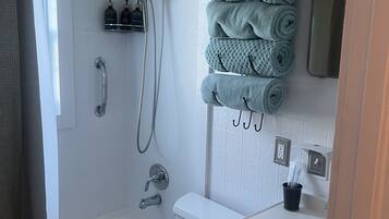 Hair dryer, towels, soap, shampoo