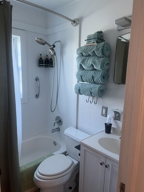 Hair dryer, towels, soap, shampoo