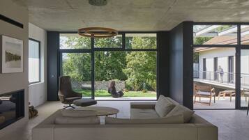 Fireplace, books, stereo