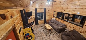 Smart TV, fireplace, DVD player, books