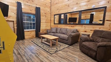 Smart TV, lareira, DVD player, livros