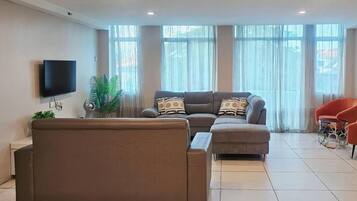 A modern living room with a sectional sofa, a flat-screen TV, and a potted plant.