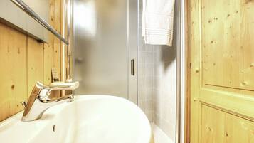 Shower, hair dryer, bidet, towels