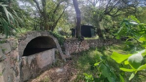 A stone bridge with an arched entrance, surrounded by lush greenery and trees.