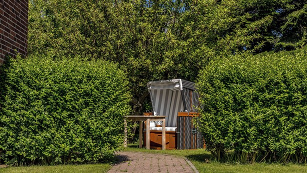 A pathway leading to a small outdoor seating area with a chair and table, surrounded by dense green foliage.
