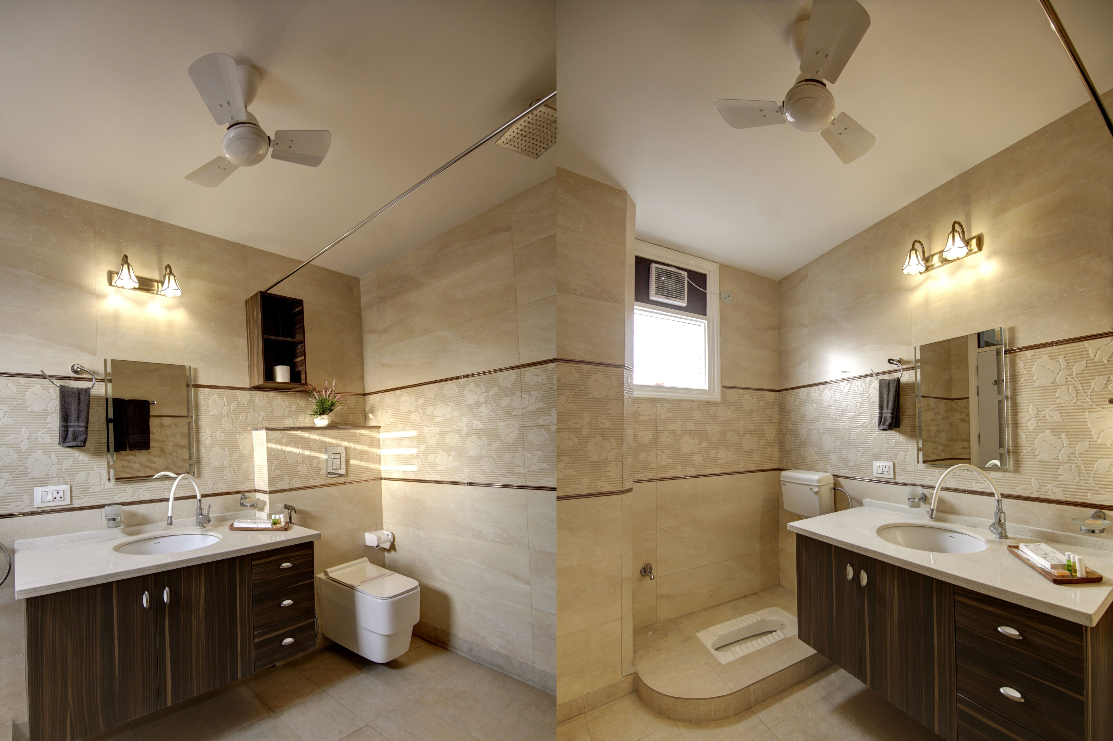 Ein modernes Badezimmer mit zwei Waschbecken, einer Toilette, einer Dusche und einem Deckenventilator.