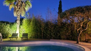 En swimmingpool med två solstolar, omgiven av tät vegetation och ett högt palmträd.
