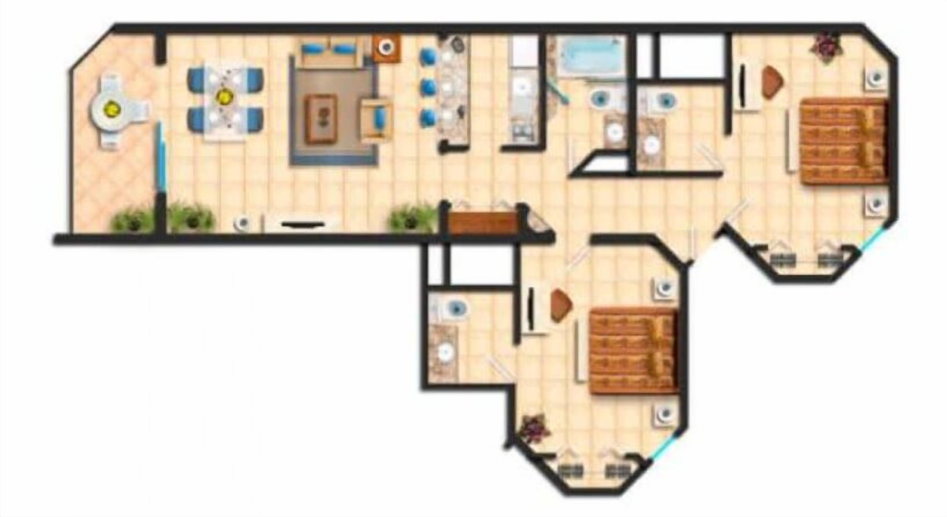 A floor plan of a hotel with a living area, dining area, kitchen, and two bedrooms.